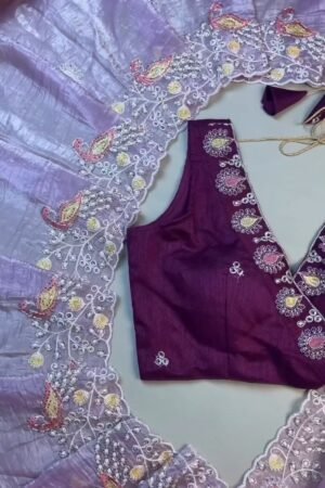 Lilac Organza Saree with Deep Plum Embroidered Blouse – Available in Lavender & Plum