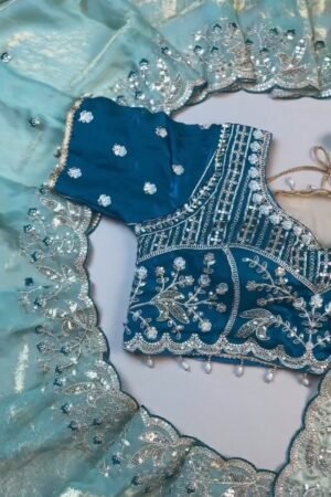 Midnight Teal & Aqua Azure Designer Blouse and Saree Set – Available in Midnight Teal & Aqua Azure