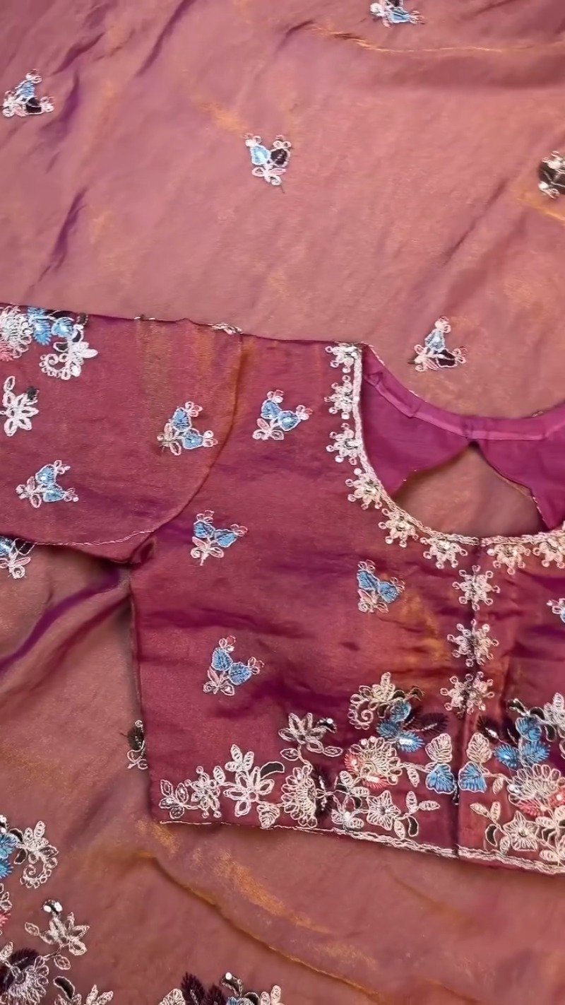 Enchanting Mulberry Silk Saree with Intricate Floral Resham Embroidery β Available in Royal Plum & Warm Terracotta - Image 4