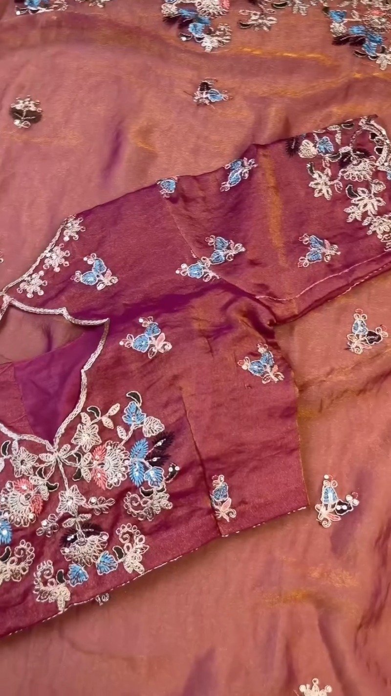 Enchanting Mulberry Silk Saree with Intricate Floral Resham Embroidery β Available in Royal Plum & Warm Terracotta - Image 5
