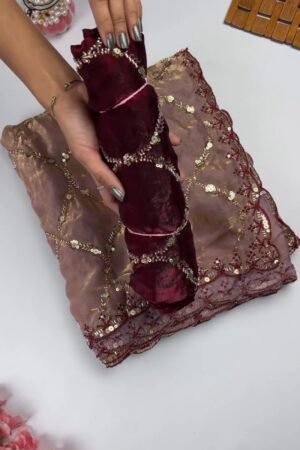 Embroidered Velvet & Organza Co-ord Set with Sequin Detailing – Available in Maroon & Dusty Pink