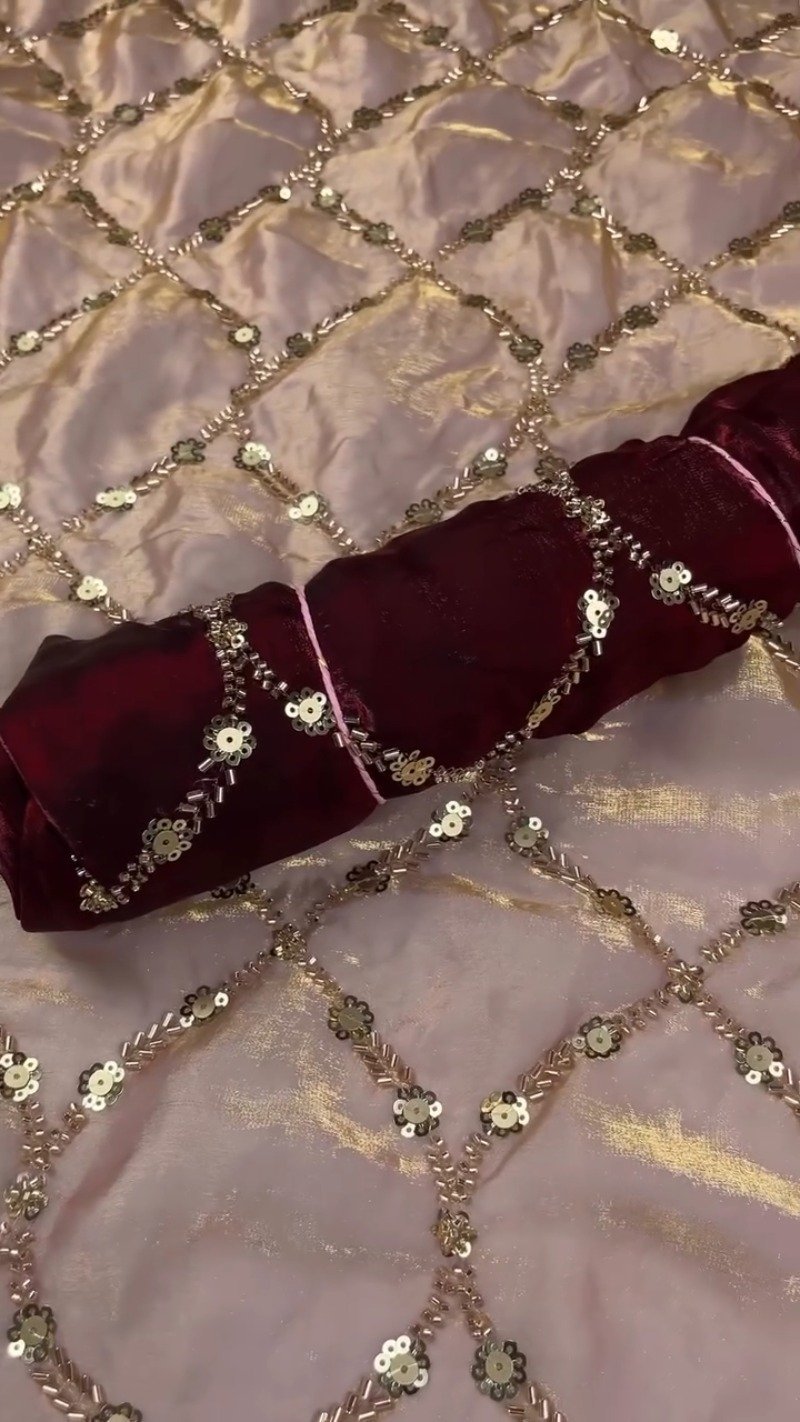 Embroidered Velvet & Organza Co-ord Set with Sequin Detailing β Available in Maroon & Dusty Pink - Image 6