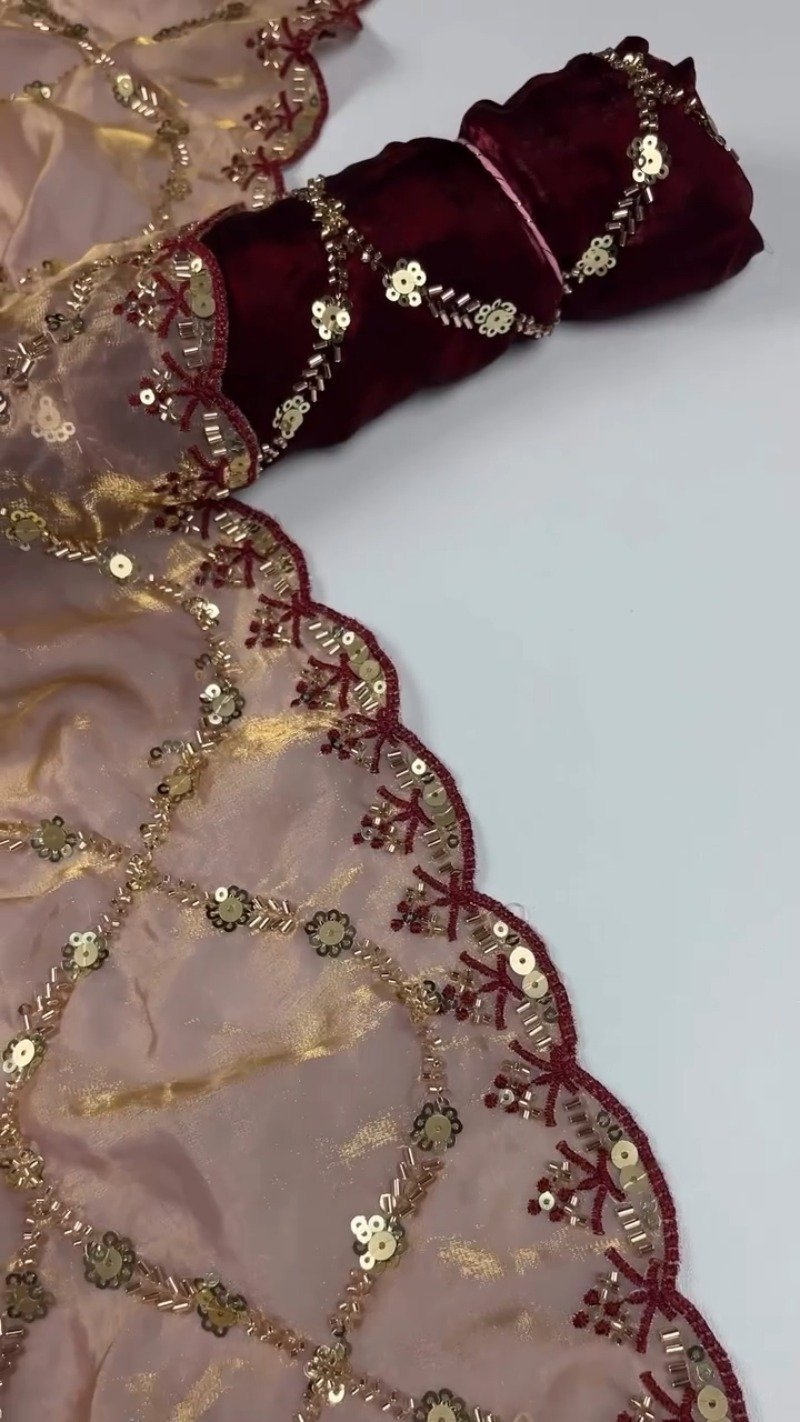 Embroidered Velvet & Organza Co-ord Set with Sequin Detailing β Available in Maroon & Dusty Pink - Image 7