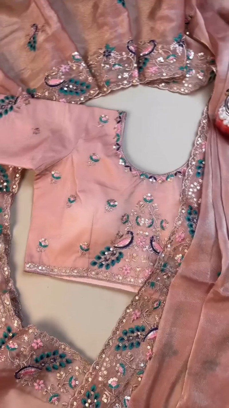 Peach Enchantment Peacock Embroidered Silk Saree & Blouse Set