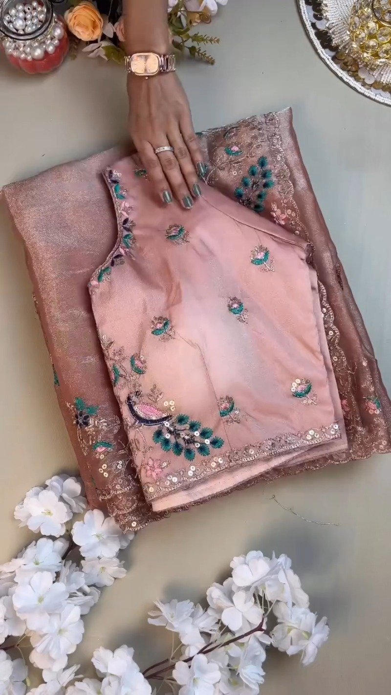 Peach Enchantment Peacock Embroidered Silk Saree & Blouse Set - Image 2