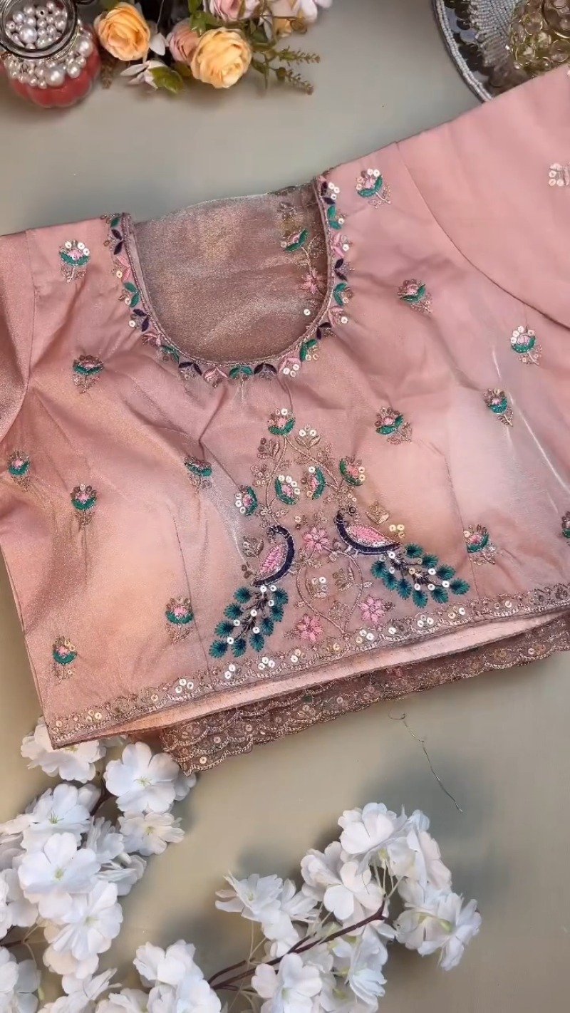 Peach Enchantment Peacock Embroidered Silk Saree & Blouse Set - Image 3