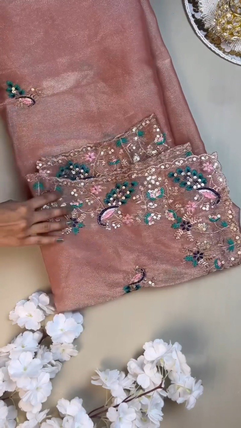 Peach Enchantment Peacock Embroidered Silk Saree & Blouse Set - Image 4