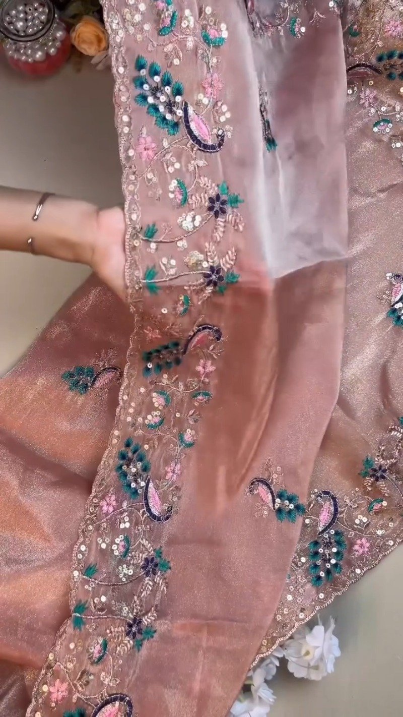 Peach Enchantment Peacock Embroidered Silk Saree & Blouse Set - Image 5