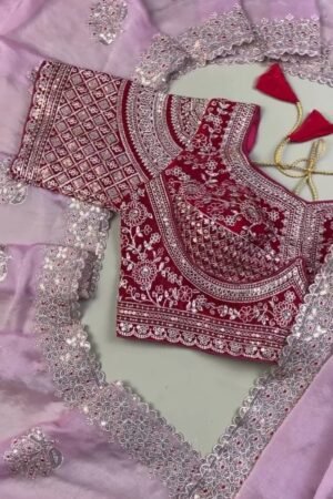 Enchanting Lilac Organza Saree & Maroon Velvet Blouse Set – Available in Lilac & Maroon