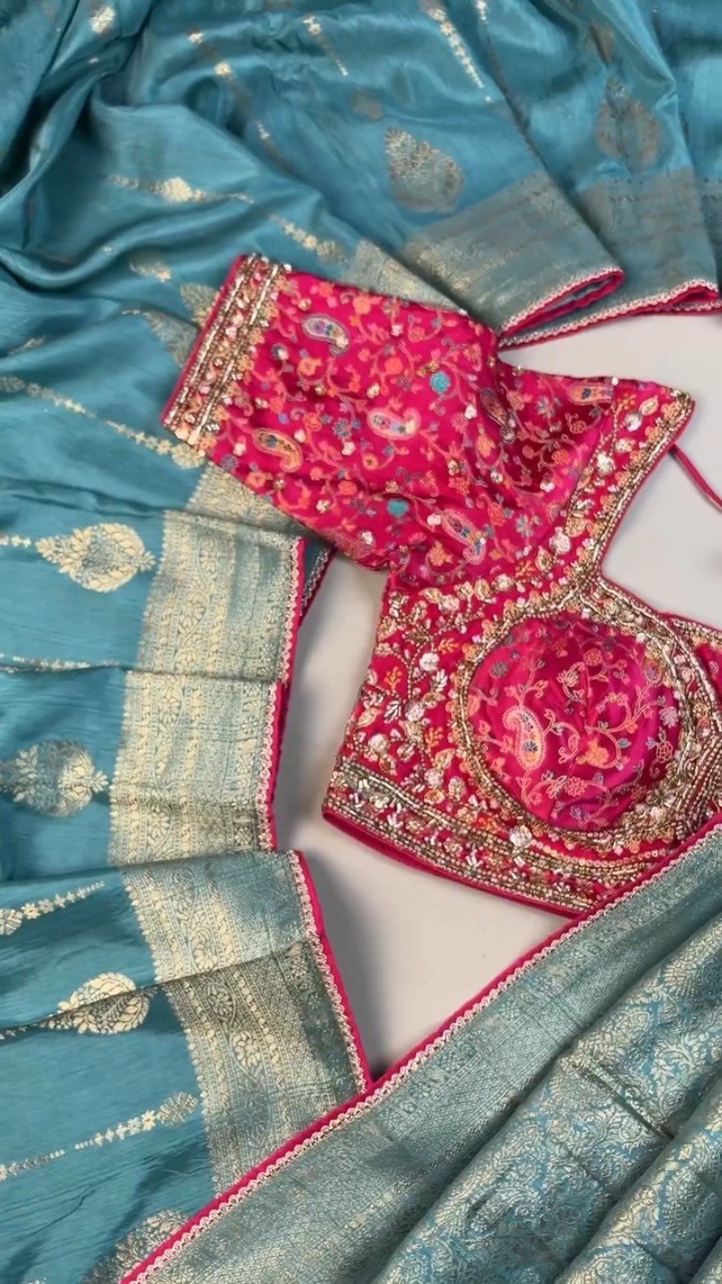 Opulent Paisley-Embroidered Silk Saree with Contrast Handcrafted Blouse โ Available in Fuchsia & Teal Blue