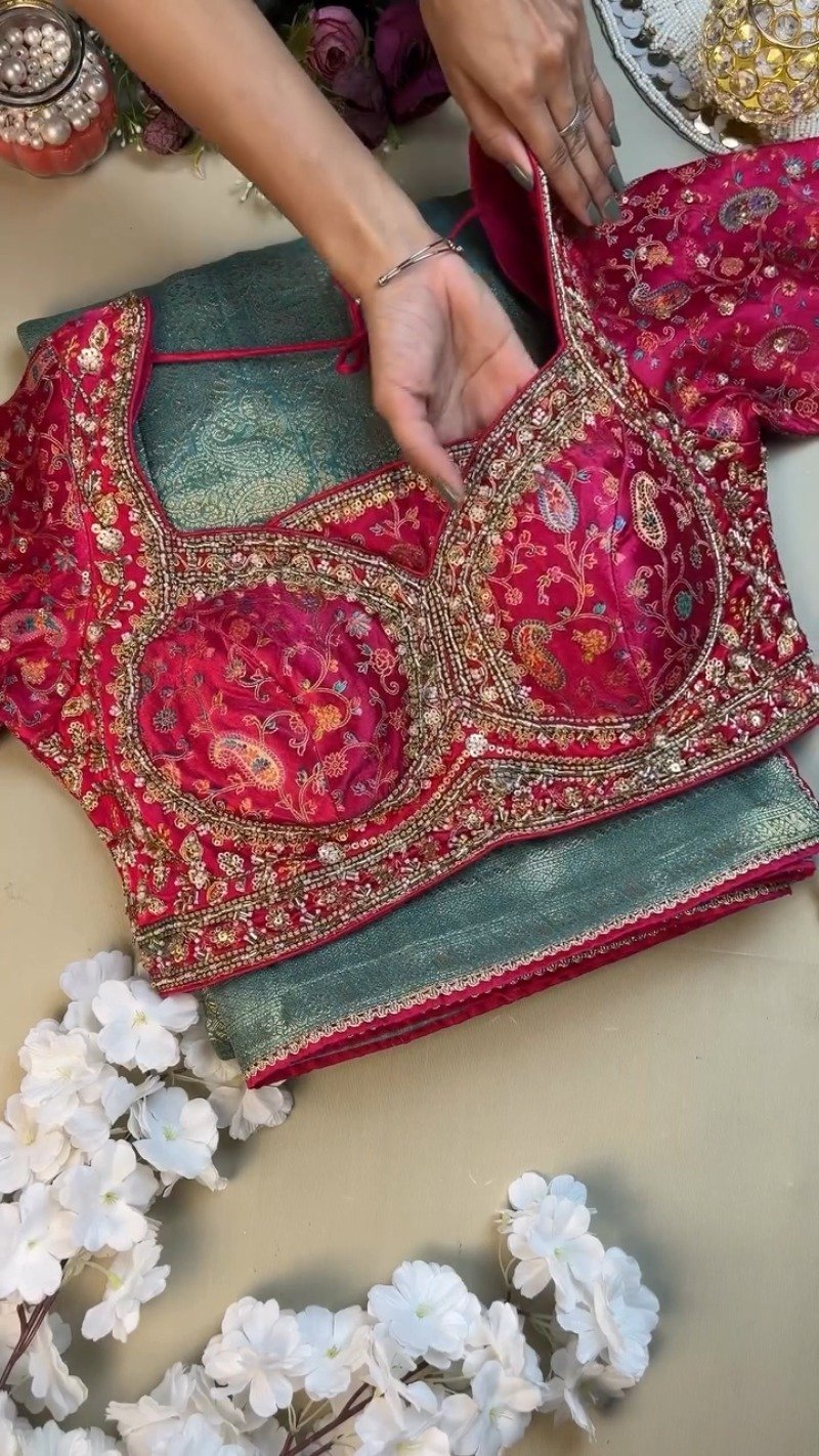 Opulent Paisley-Embroidered Silk Saree with Contrast Handcrafted Blouse โ Available in Fuchsia & Teal Blue - Image 2