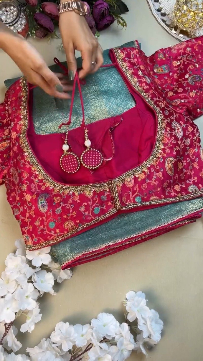 Opulent Paisley-Embroidered Silk Saree with Contrast Handcrafted Blouse โ Available in Fuchsia & Teal Blue - Image 3