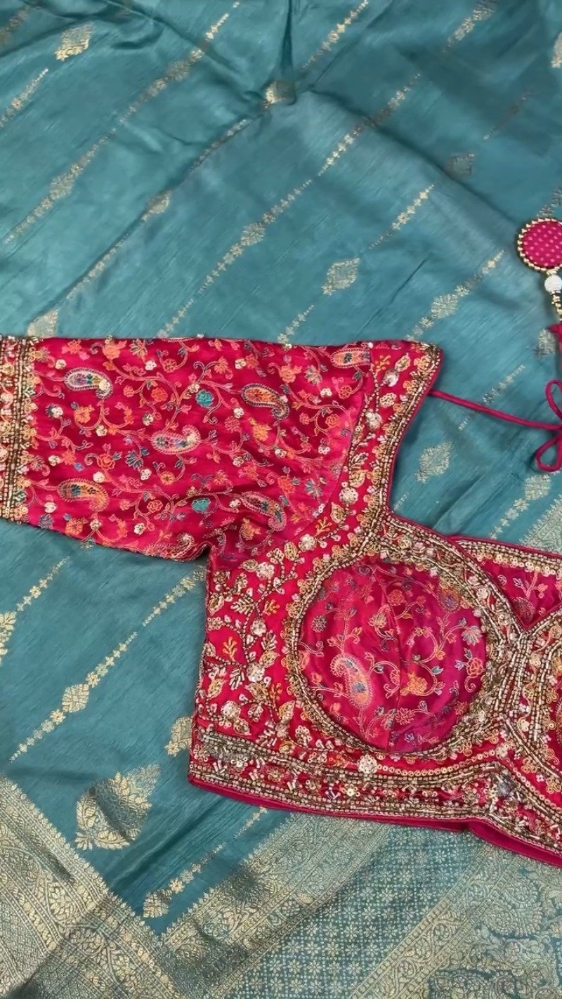 Opulent Paisley-Embroidered Silk Saree with Contrast Handcrafted Blouse โ Available in Fuchsia & Teal Blue - Image 5