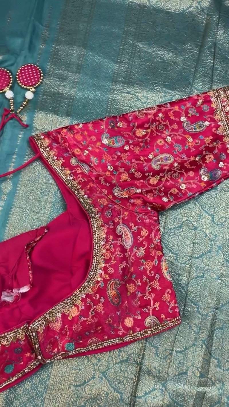 Opulent Paisley-Embroidered Silk Saree with Contrast Handcrafted Blouse โ Available in Fuchsia & Teal Blue - Image 6