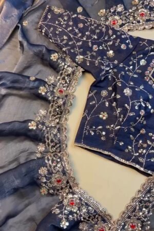 Midnight Navy Luxe Embroidered Silk Saree Set