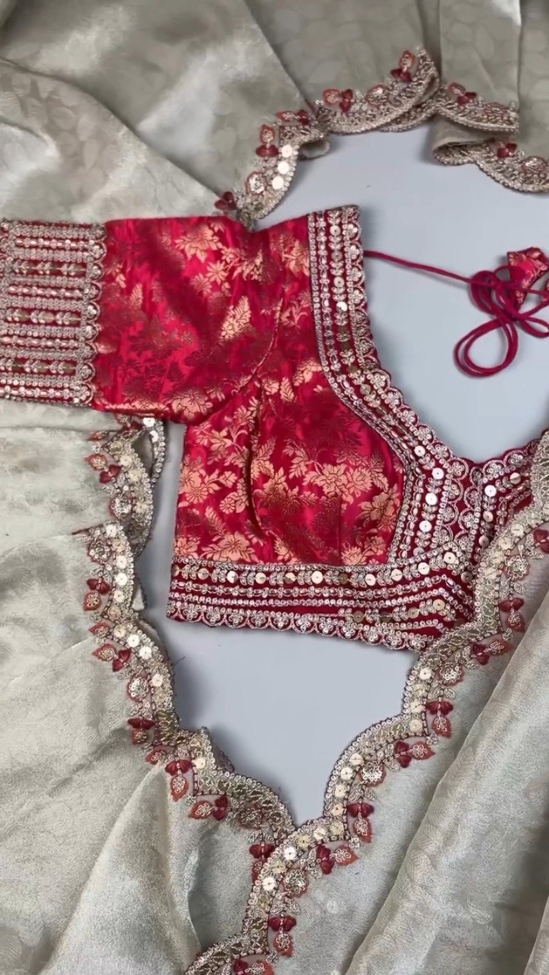Red Brocade Blouse with Scalloped Sequin Border Saree