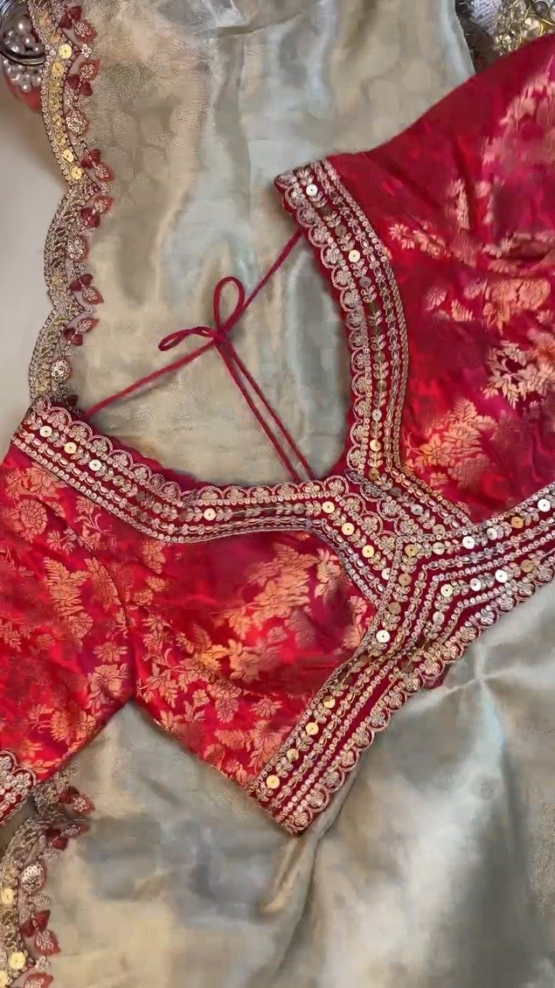 Red Brocade Blouse with Scalloped Sequin Border Saree - Image 5