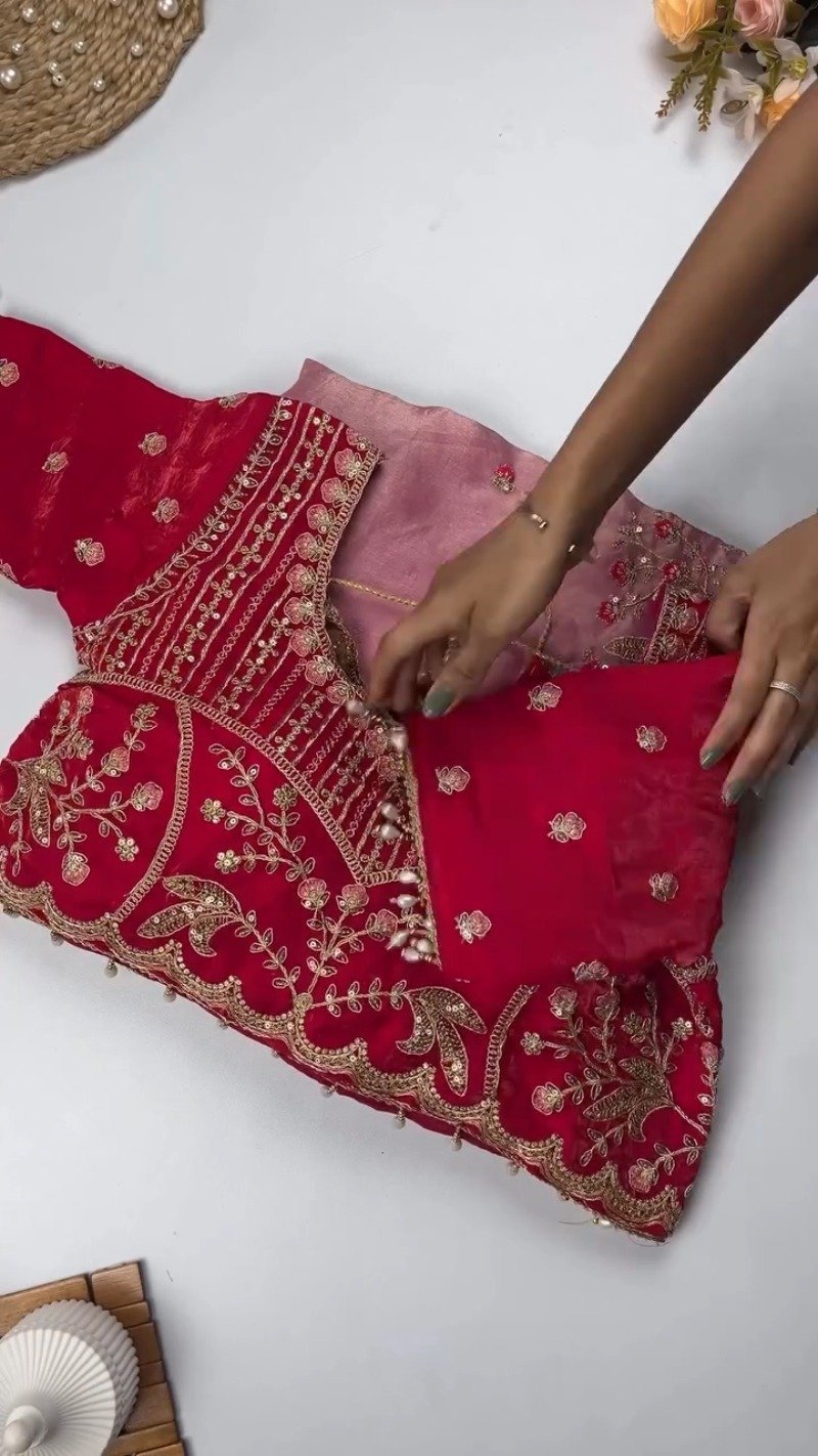 Opulent Hand-Embroidered Zardosi Silk Saree Set β Available in Crimson Red, Royal Purple, and Emerald Teal - Image 4