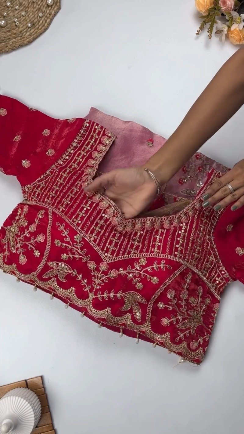 Opulent Hand-Embroidered Zardosi Silk Saree Set β Available in Crimson Red, Royal Purple, and Emerald Teal - Image 5