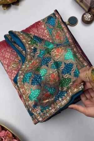 Royal Heritage Patchwork Silk Saree with Traditional Bandhani Detailing – Available in Crimson Red & Deep Teal Blue