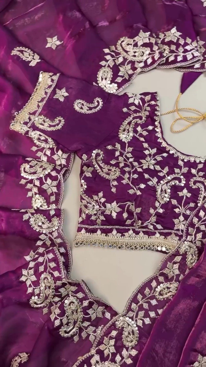 Royal Purple Organza Saree & Embroidered Blouse Set