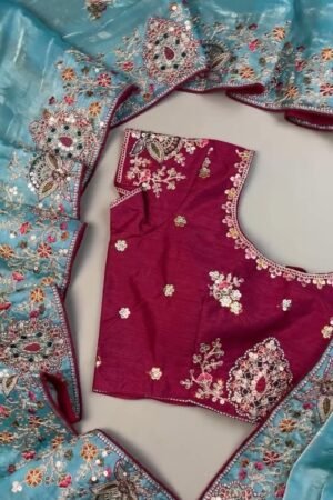 Enchanting Sky-Blue Saree with Magenta Contrast Embellished Blouse – Available in Sky-Blue & Magenta
