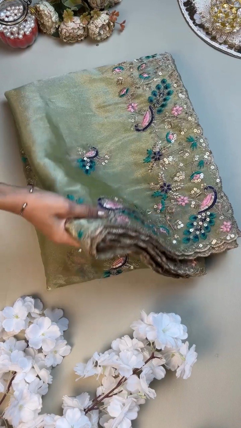 Celestia Sage Green Embroidered Saree Set with Peacock Motif Blouse - Image 3