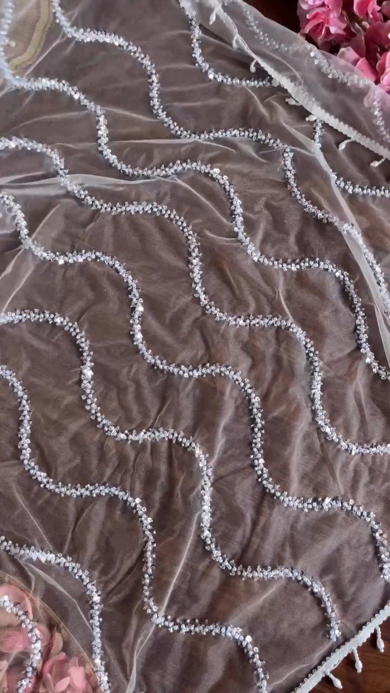 Elegant Pearl & Sequin Embellished Organza Saree Set - Image 4