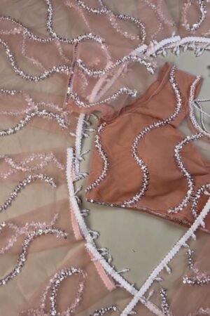 Peach Organza Sequinned Saree with Pearl-Detailed Scallop Border