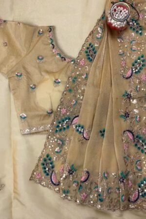 Opulent Peacock-Motif Embroidered Saree Set with Contrast Sequin Detailing – Available in Champagne, Moss Green, Mauve, and Dusty Peach
