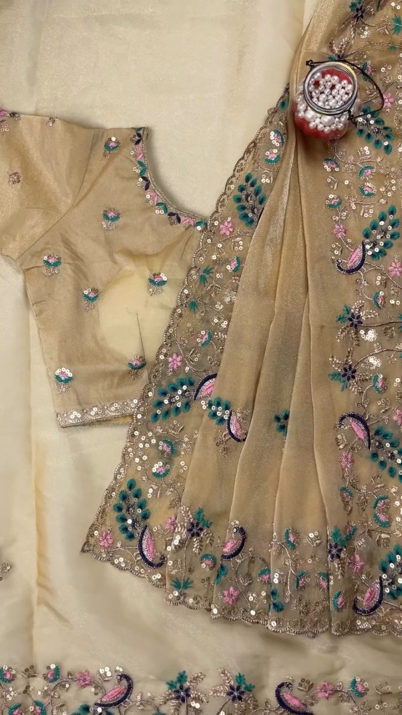 Opulent Peacock-Motif Embroidered Saree Set with Contrast Sequin Detailing – Available in Champagne, Moss Green, Mauve, and Dusty Peach