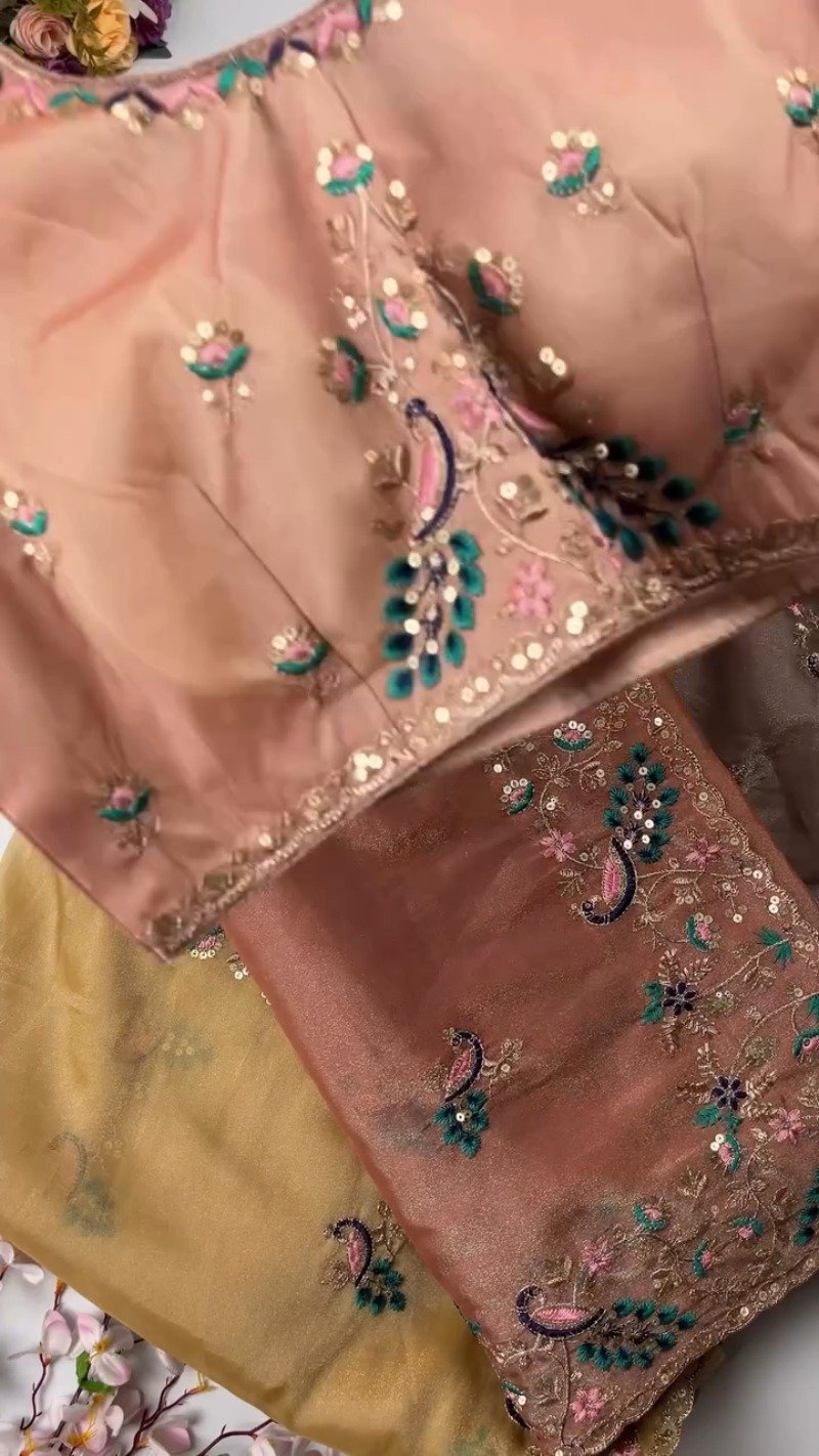 Opulent Peacock-Motif Embroidered Saree Set with Contrast Sequin Detailing β Available in Champagne, Moss Green, Mauve, and Dusty Peach - Image 3