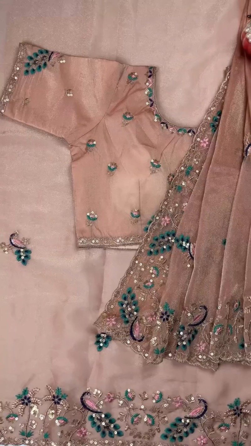 Opulent Peacock-Motif Embroidered Saree Set with Contrast Sequin Detailing β Available in Champagne, Moss Green, Mauve, and Dusty Peach - Image 8