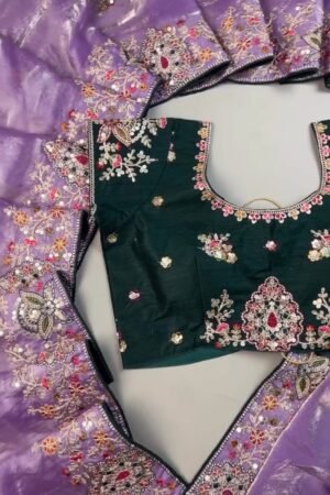 Enchanting Lavender Organza Saree Set with Deep Emerald Blouse – Elegance in Every Drape