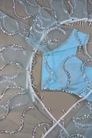 Ethereal Sky Blue Sequin-Embellished Organza Saree Set with Pearl Trims
