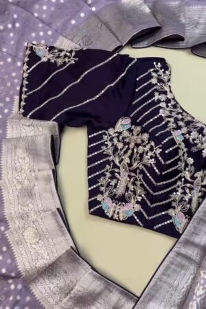 Opulent Lilac & Midnight Blue Handcrafted Silk Saree Set – Available in Lilac & Midnight Blue
