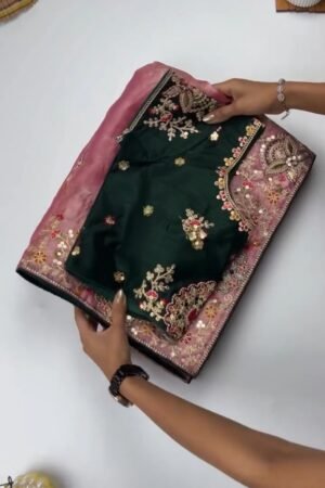 Opulent Sequinned Organza Saree Set with Hand-Embroidered Blouse – Available in Dusty Rose & Regal Burgundy